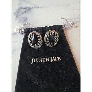 Judith Jack 925 Sterling Silver Marcasite & Onyx Pierced Earrings Vintage READ